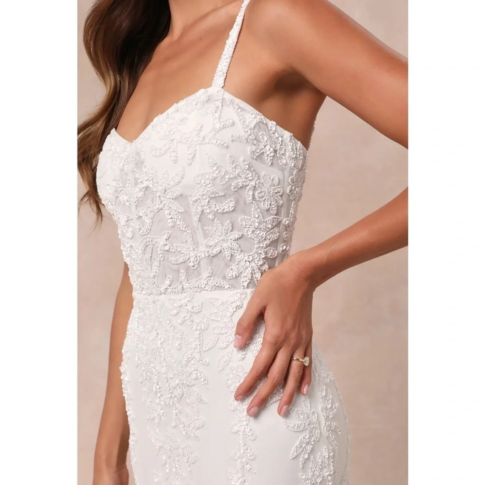 NWT Lulu’s Momentous Love Beaded Bustier Mesh Mermaid Maxi Wedding Dress Large